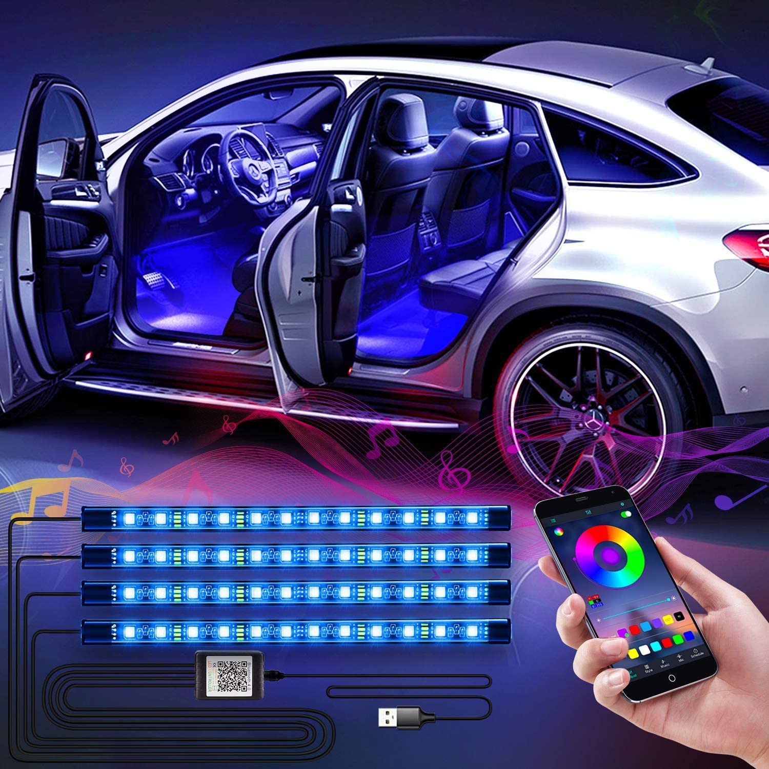 5050 RGB DC 12V 4 шт. 48 светодиодная атмосферная осветительные полосы многоцветный музыкальный проигрыватель Blue Tooth APP управление водонепроницаемый автомобиля СИД полосные осветители для ин