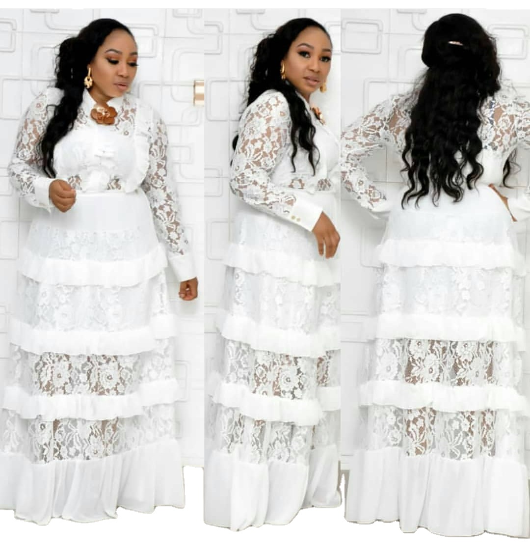 India & pakistan clothing Lace shirt collar long sleeves wooden ears stitching multi-layer cake dress
