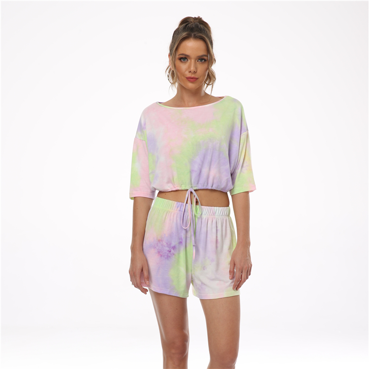 New Style Waistband Drawstring Pajamas Casual Tops Tie Dye Lounge Shorts Set