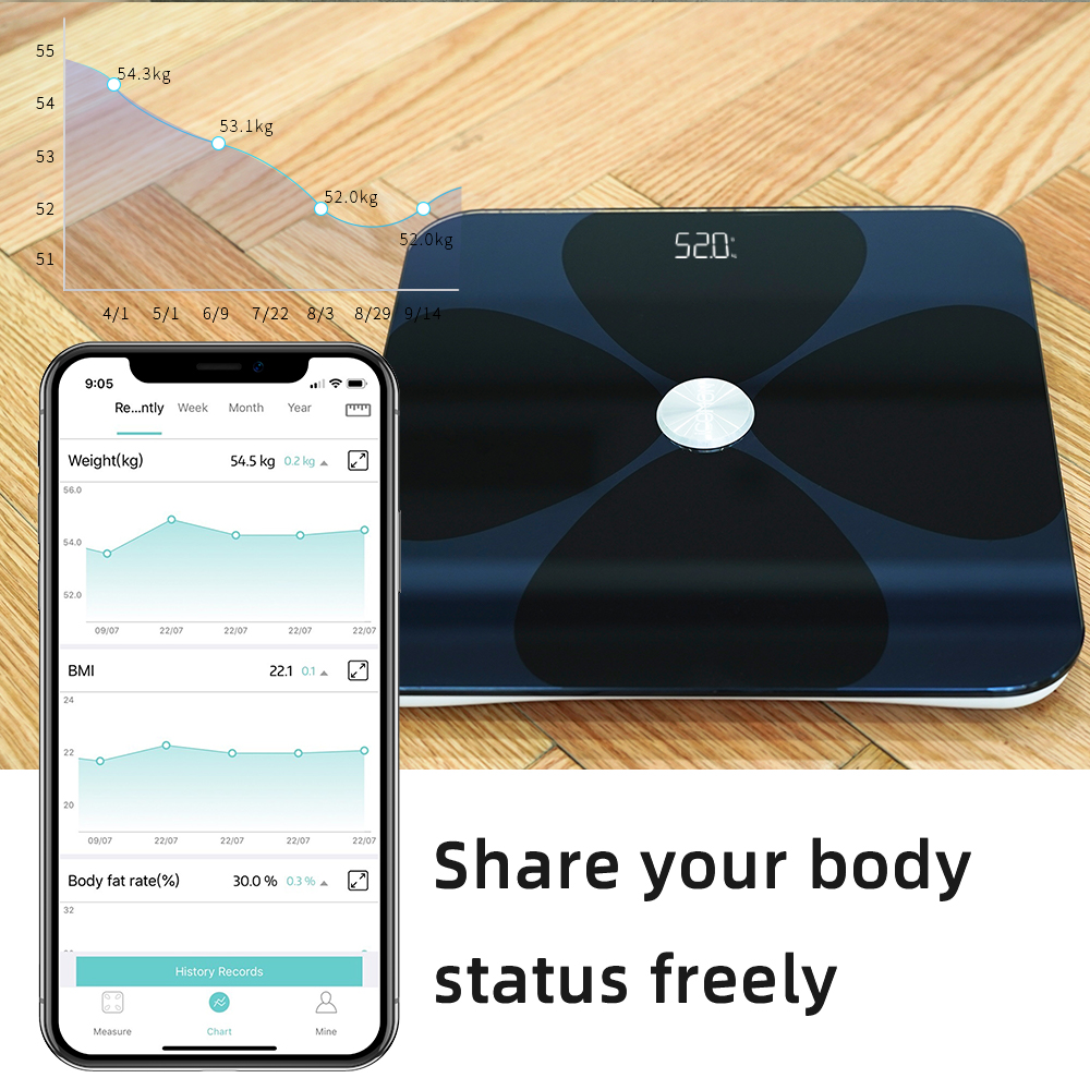 ITO Conductive Glass Body Fat Scale with Free App Body Water BMI Index Report Household Easy Use