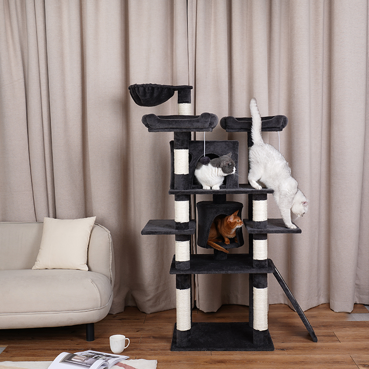 Multi-level Cat Scratcher Climbing Frame Tree House Tower With Hanging Ball