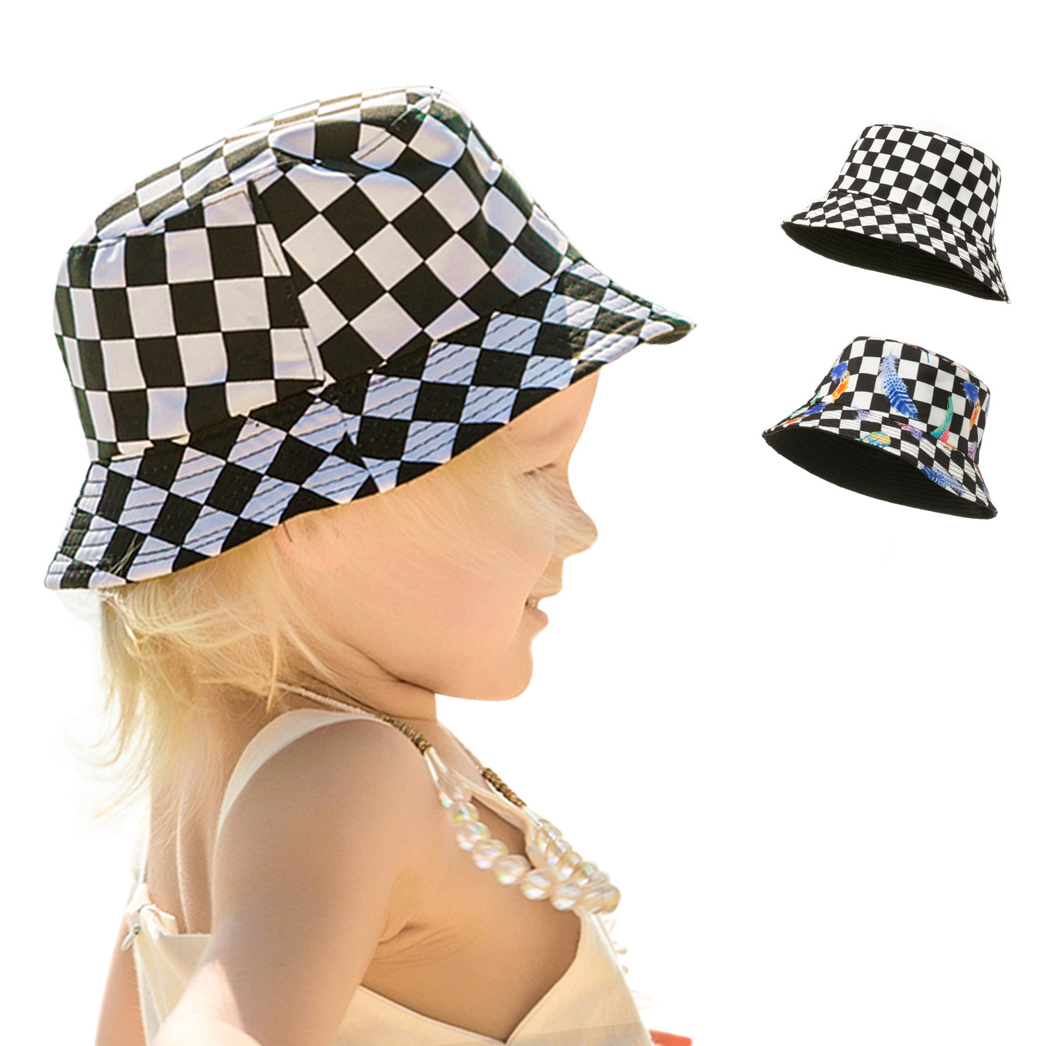 Grid Print Bucket Hat For Kids Summer Cute Baby Sun Hat Boys Girls Fashion Panama Cap Cotton Fisherman Hats