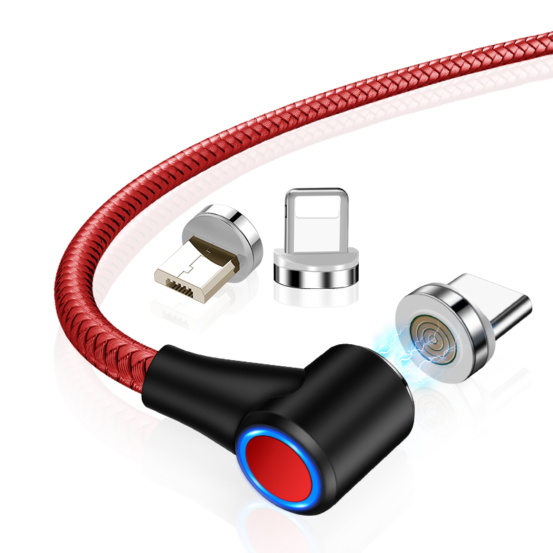 Wholesale 90 degree mobile phone charging magnetic fast charging usb cable charger nylon braided right angle 3A data cable