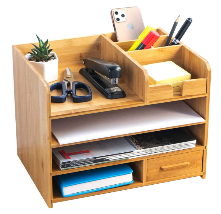 4 Tiers Bamboo Desk Organizer with Drawer Table Top Shelf Office Storage Box