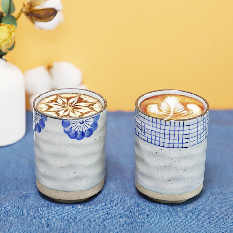 Clay Cup Japanese Tangtun Coarse Hand Painted Lattice Wind Ceramic Earthenware Matte Tea Cup With No Handle