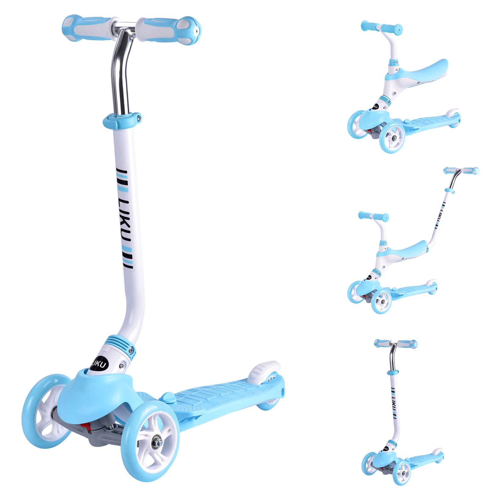 LIKU 3 Wheels Scooter for Kids, 3-in-1 Kick Scooter with Removable Seat and Handle - Sit or Stand Ride with Brake Kick Scooter