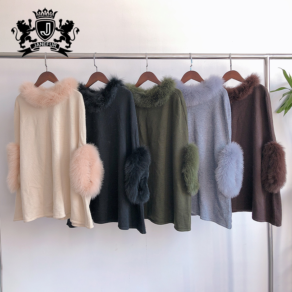 New Fashion Stylish Cashmere Sweater Women with Fox Fur Collar and Cuffs Cashmere Wool Cloak Sweater