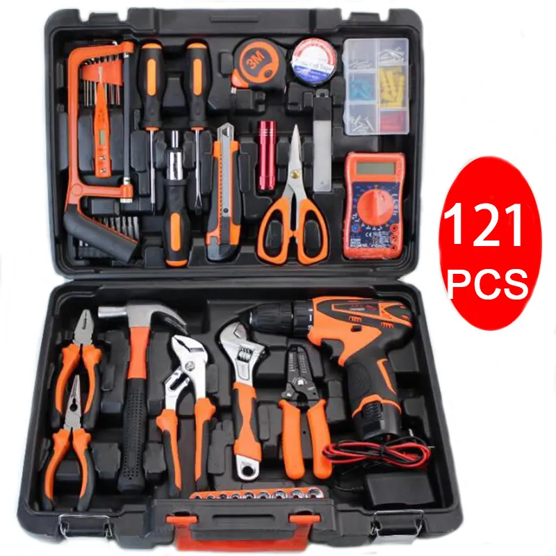 121 pcs power mechanic tool set, electric drill air tool set for home use cutting, big capacity box package tools set mechanic