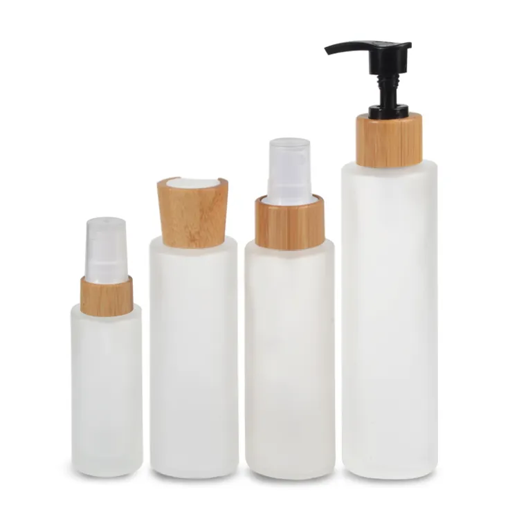Wholesale Cosmetic Lotion Packaging 30ml 50ml 100ml 120ml 150ml Frosted Glass Spray Bottle With Bamboo Lid