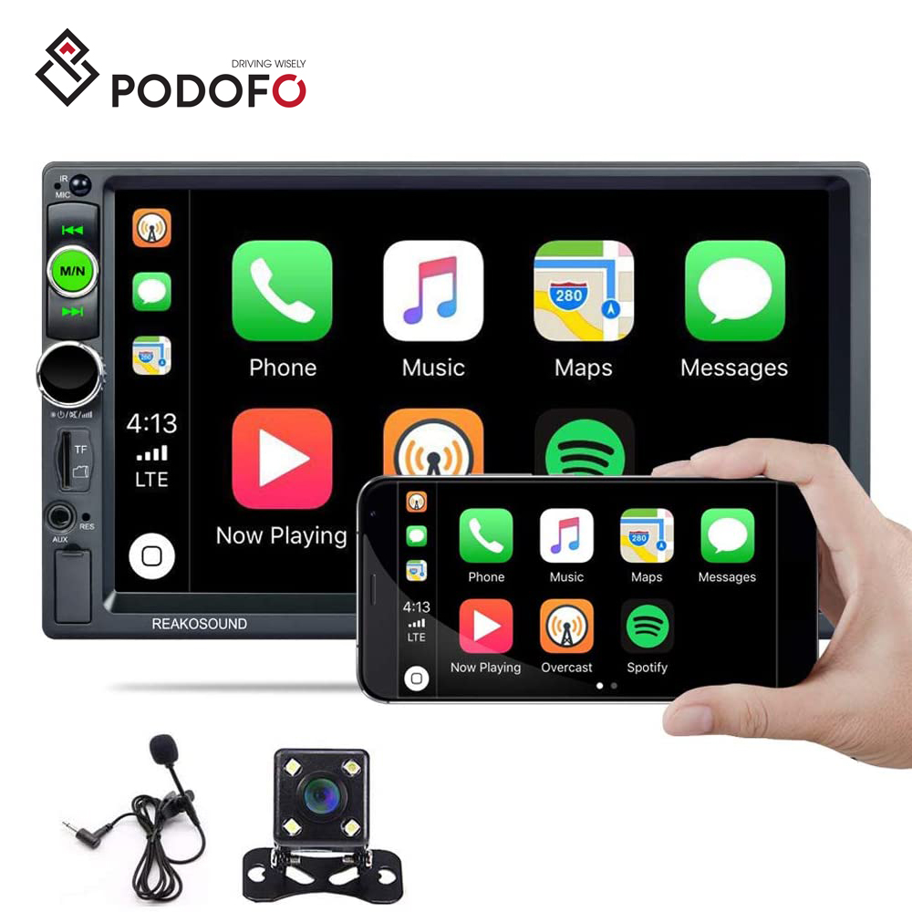 Podofo 2Din Автомагнитола Carplay с Android авто 7 ''сенсорный экран BT FM MP5 приемник + запасная камера и микрофон