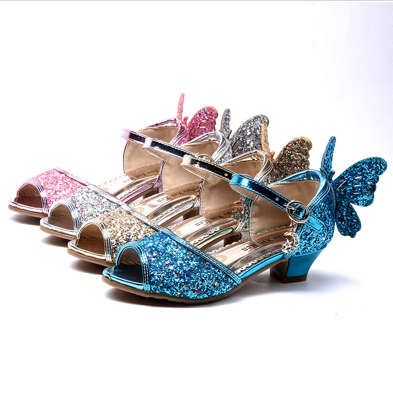 New 2021 Princess Kids Leather Shoes Girls Glitter Butterfly Knot Dress Party Children High Heel Csuals Shoe kid Wedding Sandals