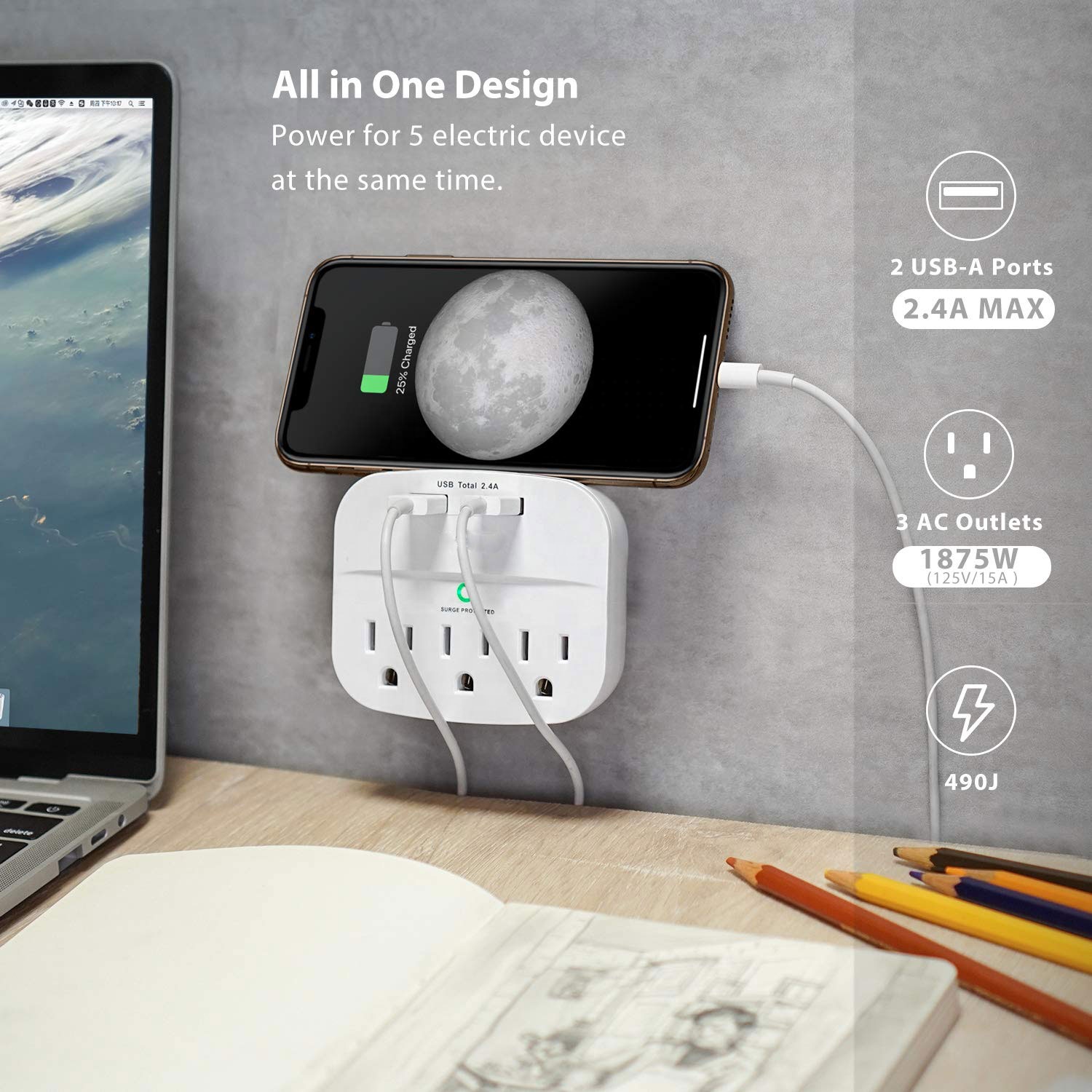 3-Outlet Multi Plug Extender, сетевой адаптер с 2 портами USB для зарядки 2,4 A, 490 джоулей, ETL Certif