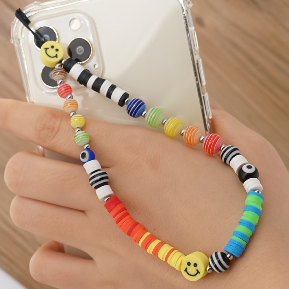 2021 New Boho Resin Acrylic Smiling Colorful Balls Glazed Evil Eyes Beads Soft Polymer Clay Cell Phone Chain Keychain Lanyard