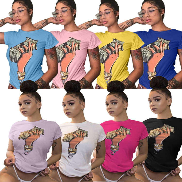 Hot Popular Casual Simple Women Blouse T Shirt Solid Color Cartoon Printed Crew Neck Tops Wholesale In China