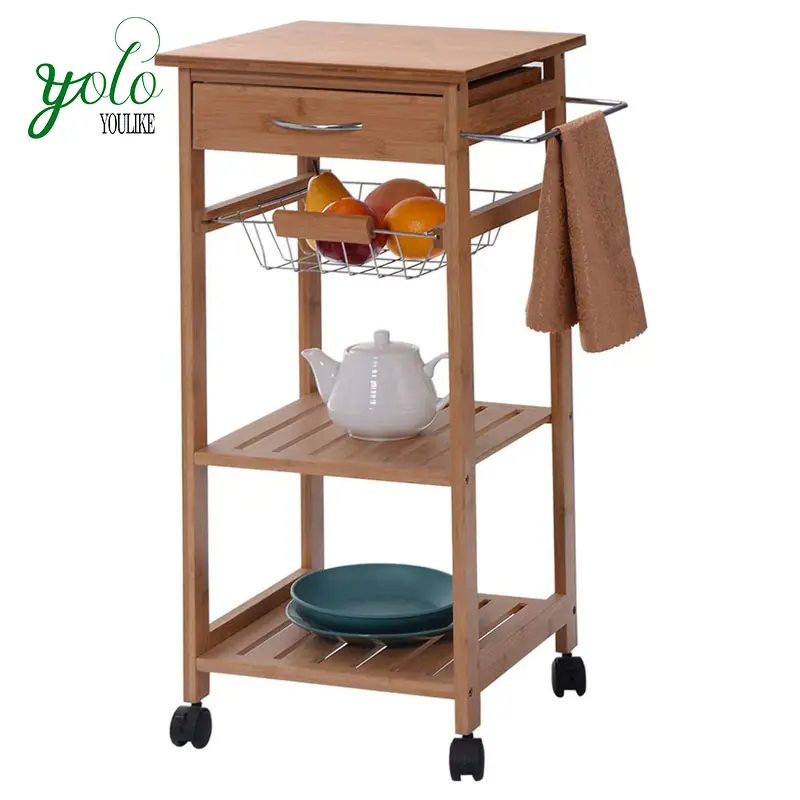 Natural Solid Wooden Bamboo Kitchen Trolley Rolling Kitchen Storage Cart with Drawer Basket Saving Space