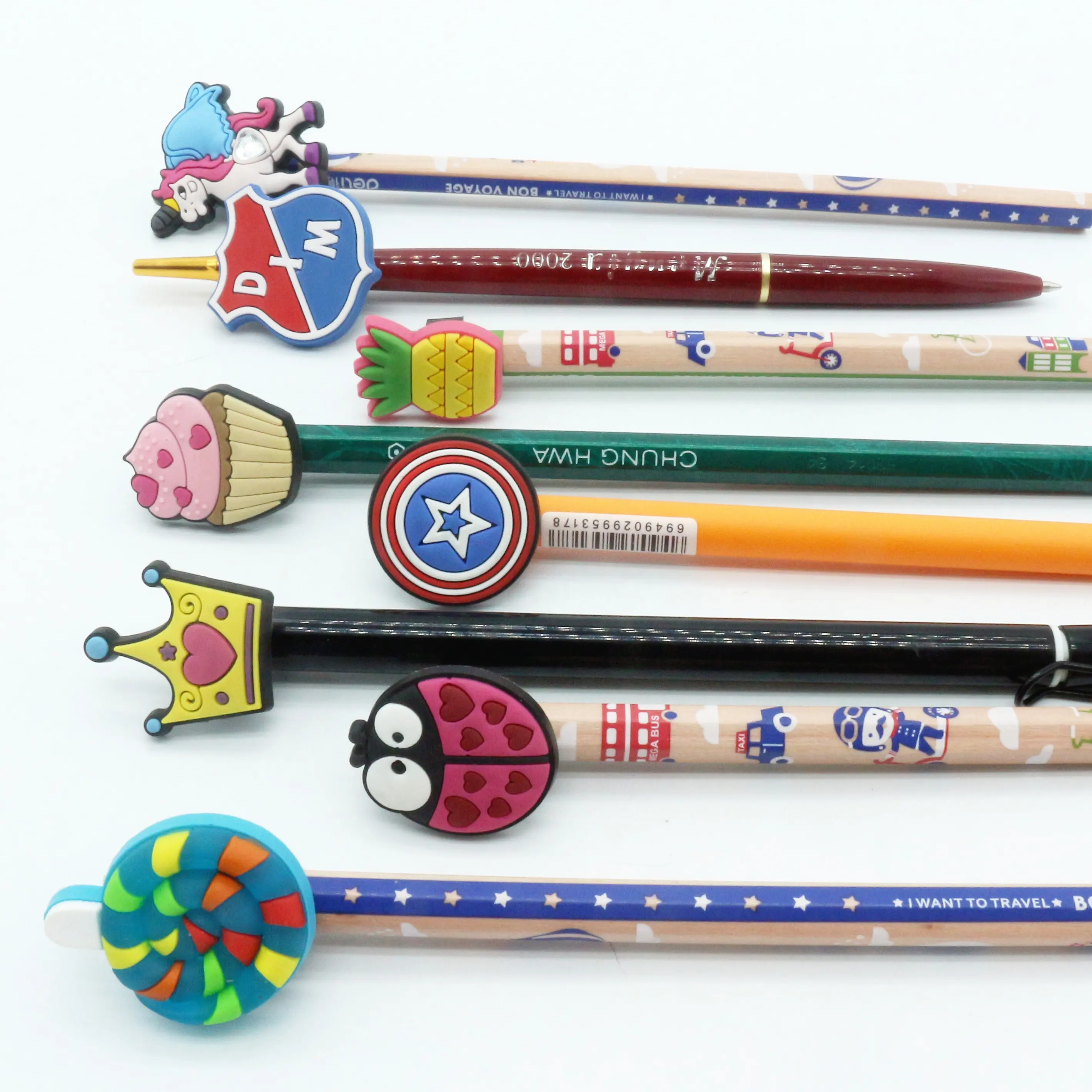 Promotional wholesale custom made cartoon 2D soft pvc rubber pencil topperss for kids