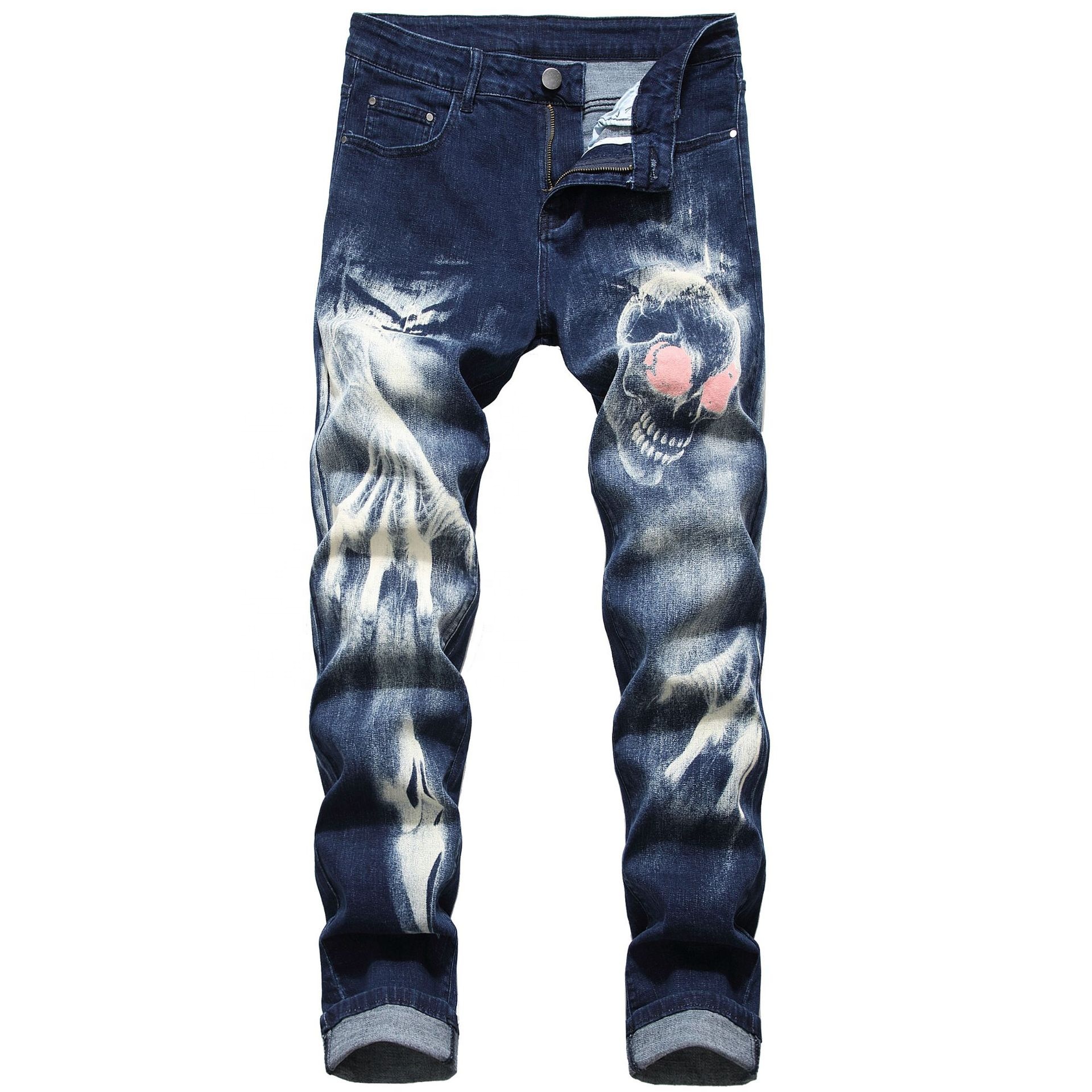 KX-913919 Slim casual denim fabric jeans mid waist skulls pattern 3D printed jeans mens fashion washed vintage men denim jeans