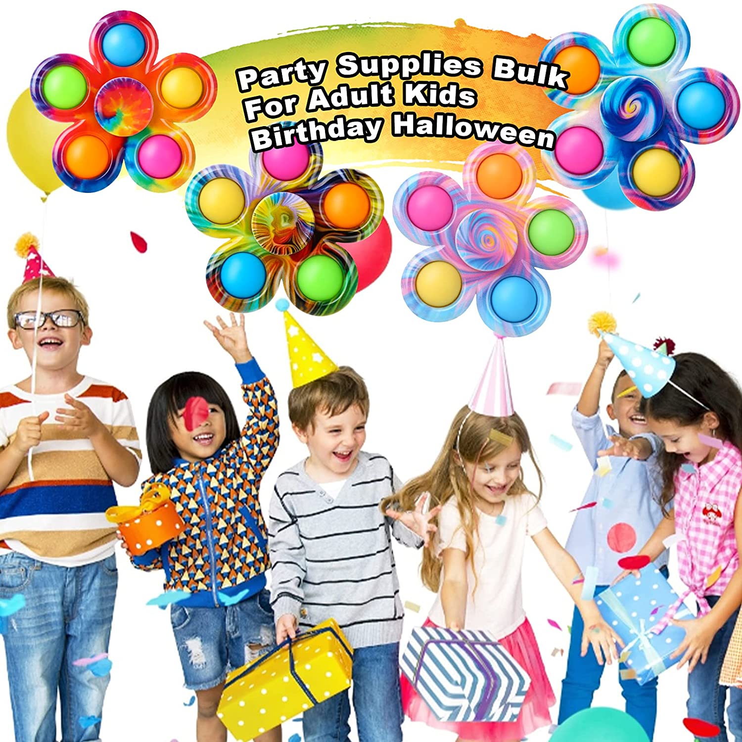 Fidget Spinner Pop Toys 4 Pack Tie-Dye Push Popper Pop-Bubble Spinner Set Party Favor Sensory Fidget Bulk Pack Toys