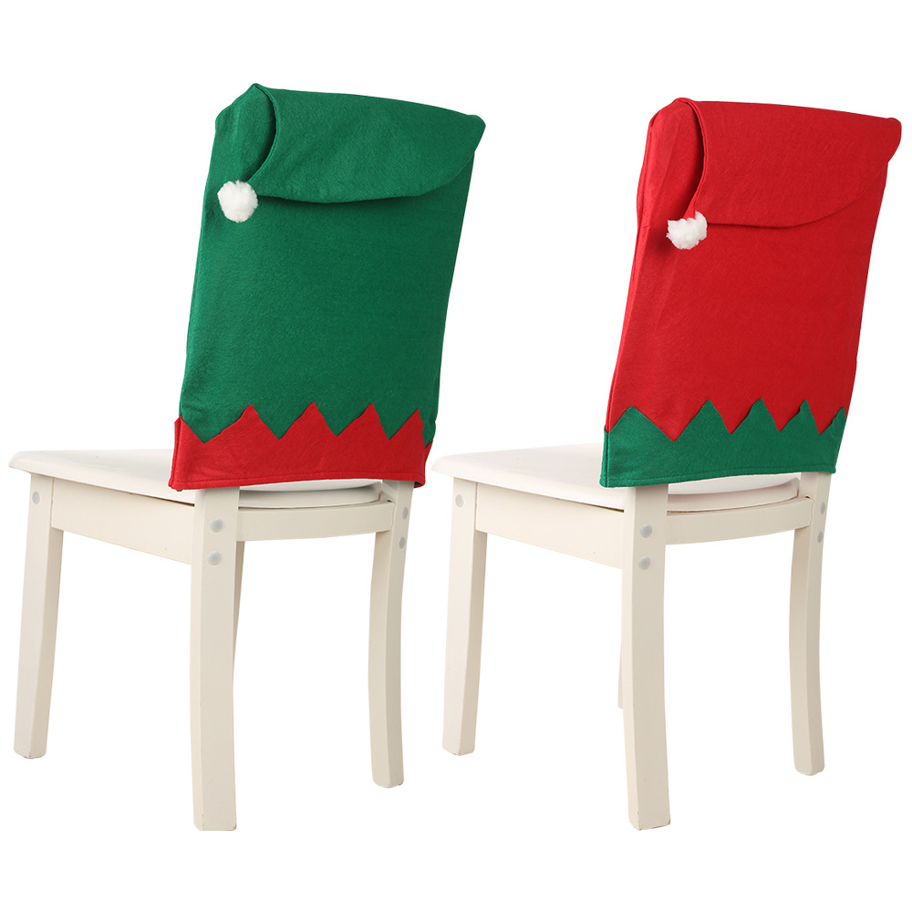 red green elves chair cover three dimensional hat Christmas new decoration supplies with fur balls