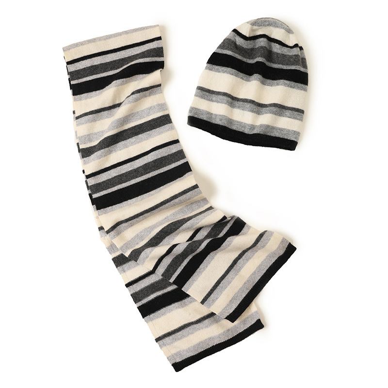 2021 Inner Mongolia Autumn and Winter New Japanese Style Cashmere Knitted Cross-plaid 100% Wool Hats and Scarf Two-piece Set