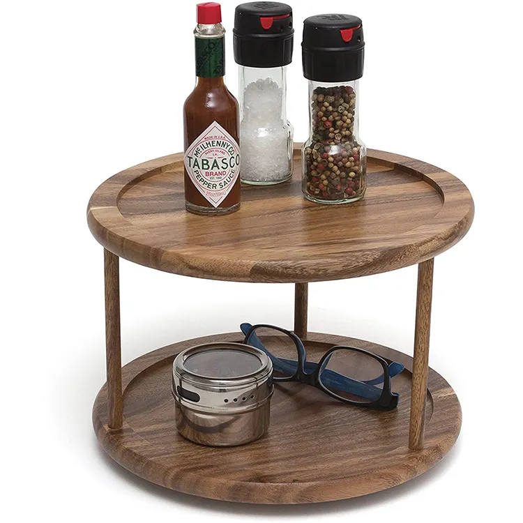 Shende Round 2 Tier Turntable Acacia Wooden Spice Rack Organizer Lazy Susan Wood Dividers