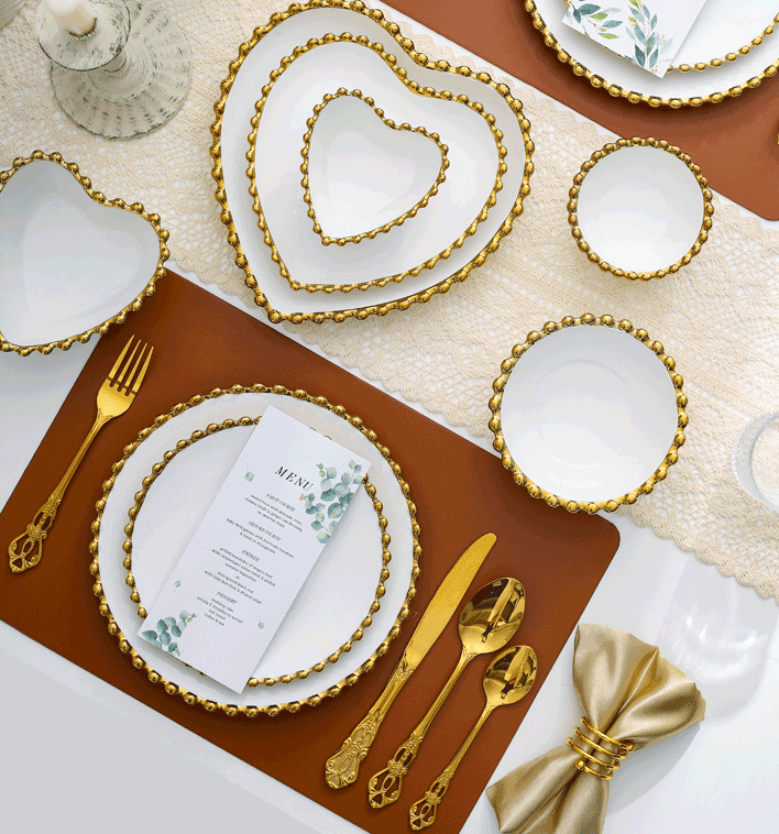 Modern Luxury Golden Edge Pearl Ceramic Dinnerware round Solid Pattern Western Dish Fruit Salad Bowl and Plate Home Tableware