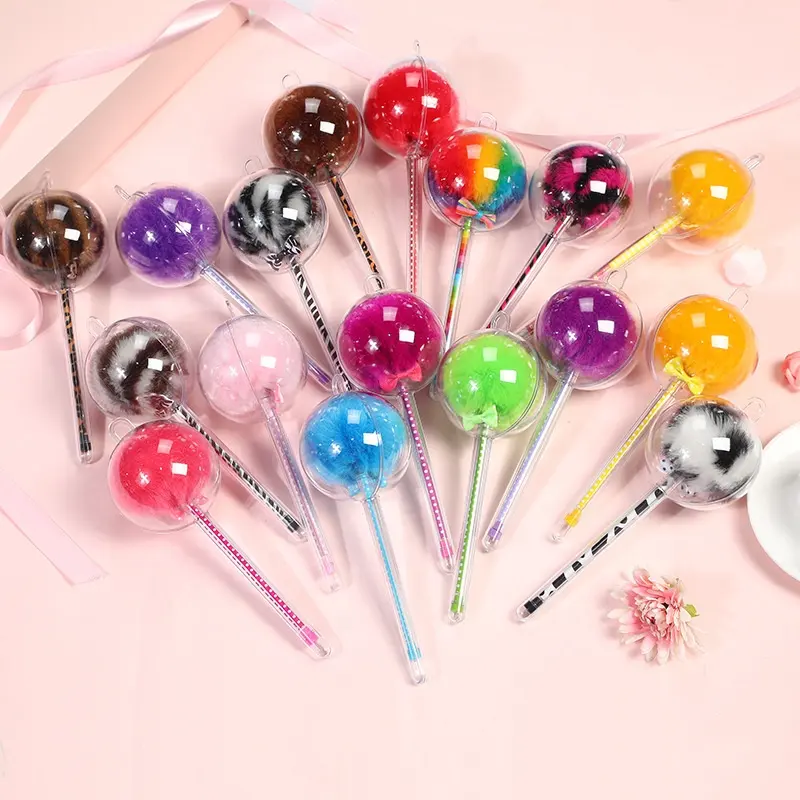 Novelty Kawaii Promotional Fashion New Fine Point Cute Lollipop Bow Round Plush Ball Refill Custom Gel Pen