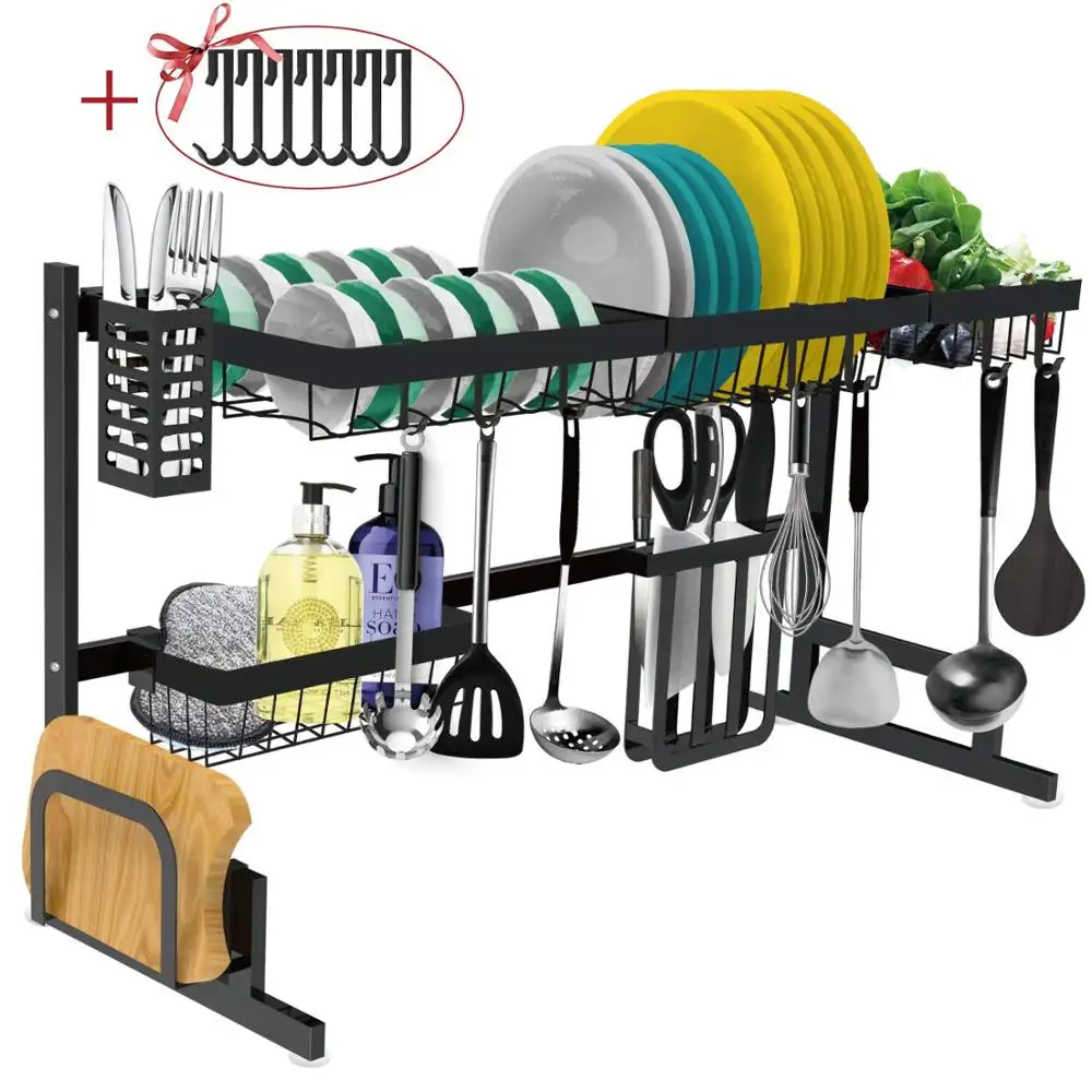 Multifunctional 2-Tier Stainless Steel Dish Rack Drainer Dish Drying Rack With Utensils Holder for Kitchen Sink Countertop