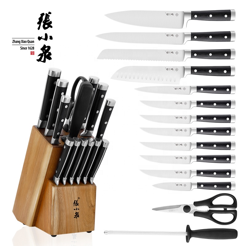 15 pcs kitchen knife set stainless steel pakka wood knife set with wooden block