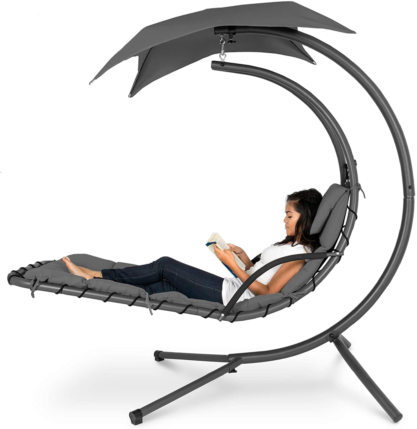 Best Choice Products Outdoor Hanging Curved Steel Chaise Lounge Chair Swing Built-in Pillow and Removable Canopy