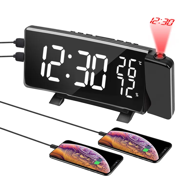 Rotating projection LED digital clock with thermometer and hygrometer FM radio functioncurved screen alarm clock