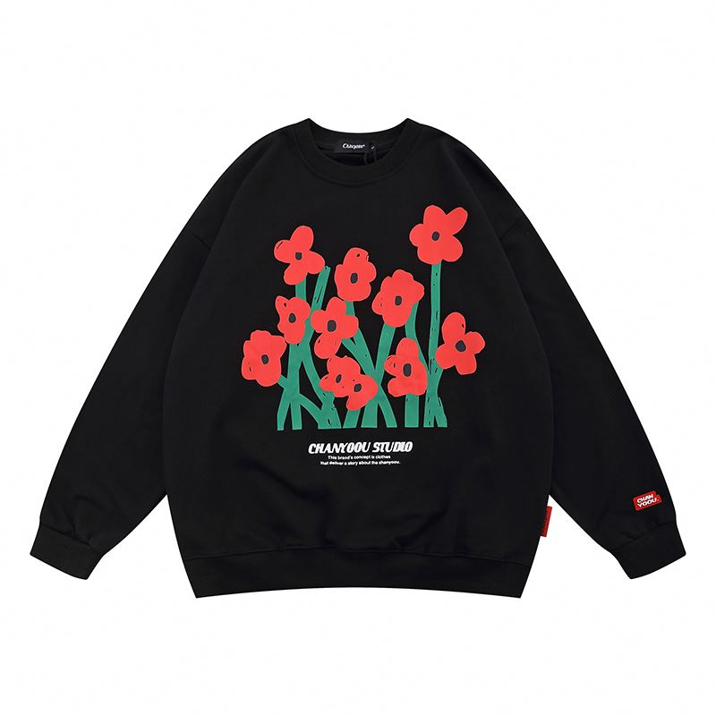 Cartoon Floral Printed Fleece Crewneck Pullover Pull Over Oversized Women's Hoodies Pullover Sweatshirt For Women Men