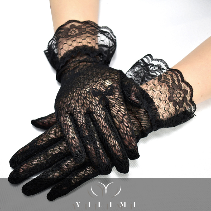 Summer Women Black Driving Fashion Lace Short Gloves Full Finger Girls Bridal Bow Print Gloves