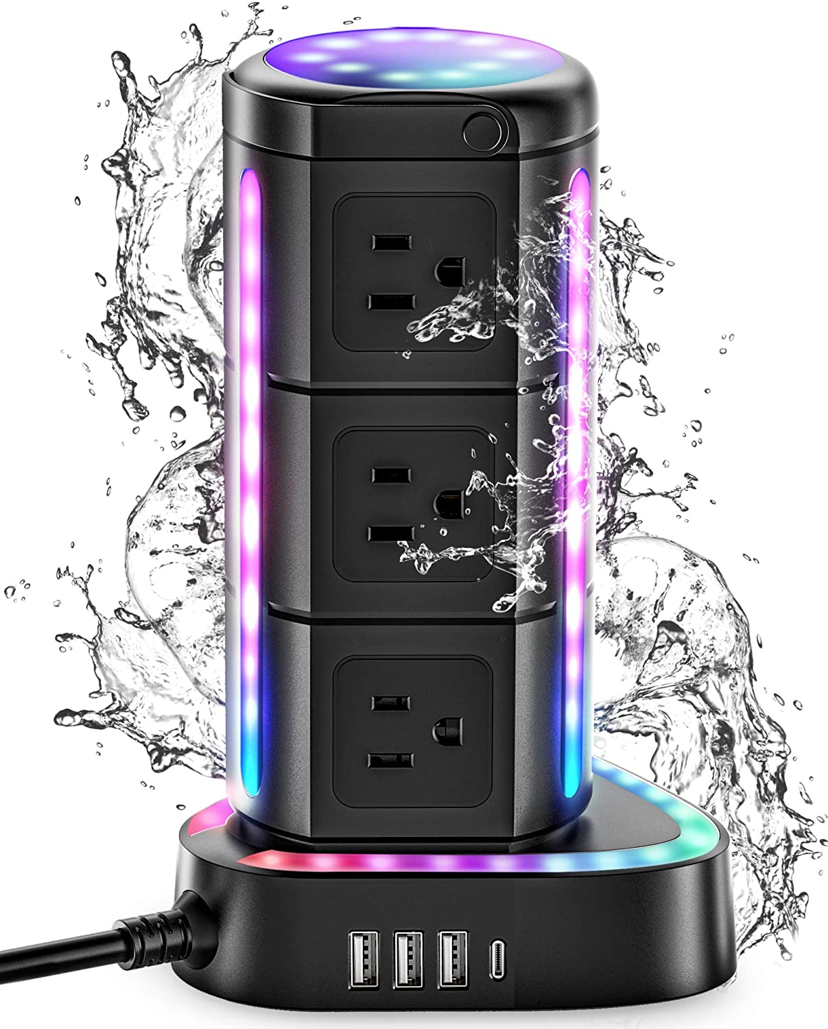 Удлинитель RGB, защита от перенапряжения с 1 портом USB C, 3 портами USB, 9 розетками переменного тока, удлинитель 2000J 1875 Вт, 6 футов, водонепроницаемый
