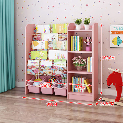 Modern Eco-friendly wooden furniture design kids Cartoon cabinet children toy storage book shelf with plastic collection bin