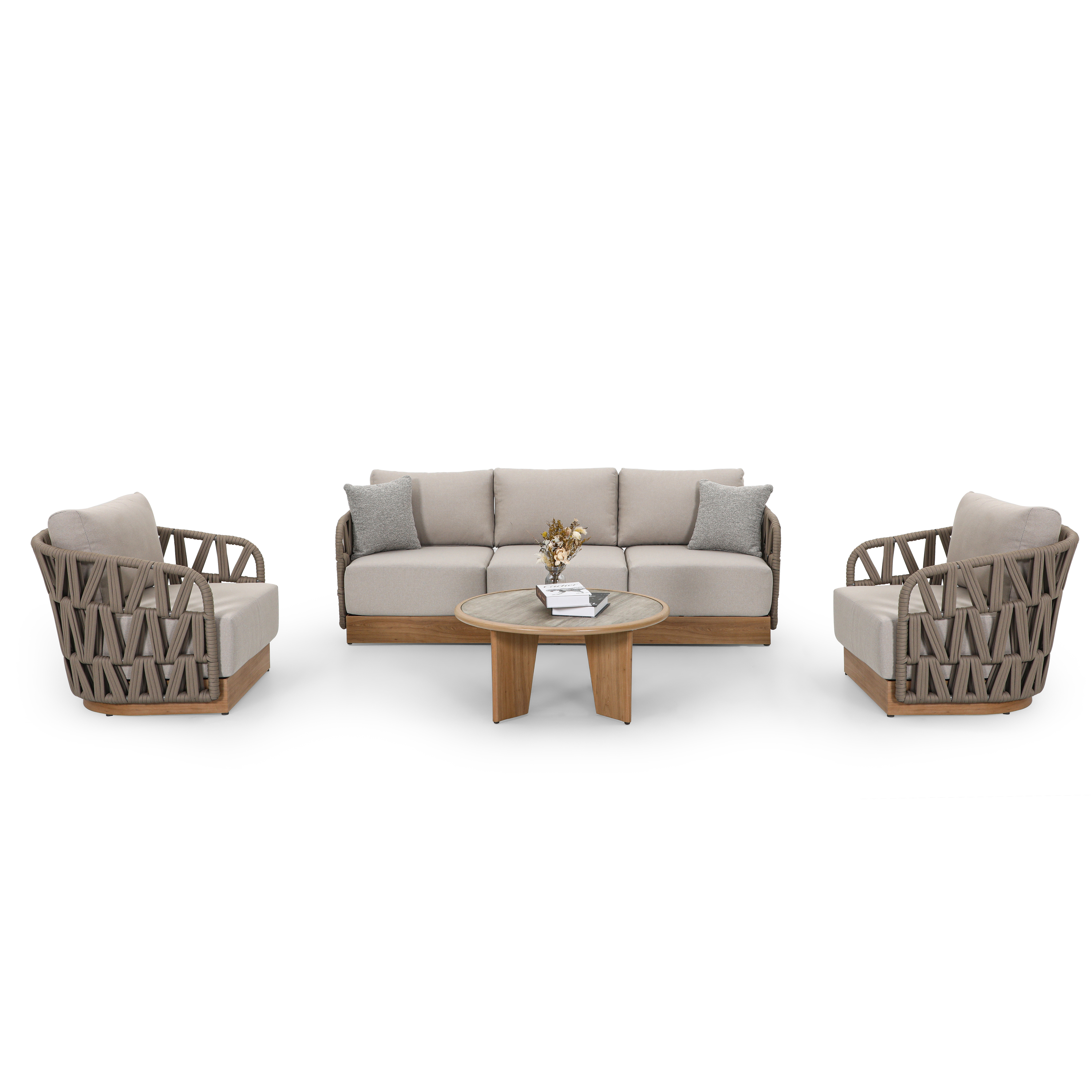 4-Piece Aluminum Garden Sofa Set Wood-grain Finish Braided Rope Design for Outdoor Use Hotel OEM Supplier Projects