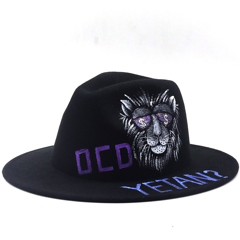Simple Handmade Painted butterfly Wool Felt Black Fedora Hat For Women/Men Wide Brim Autumn Winter Panama Jazz Cap