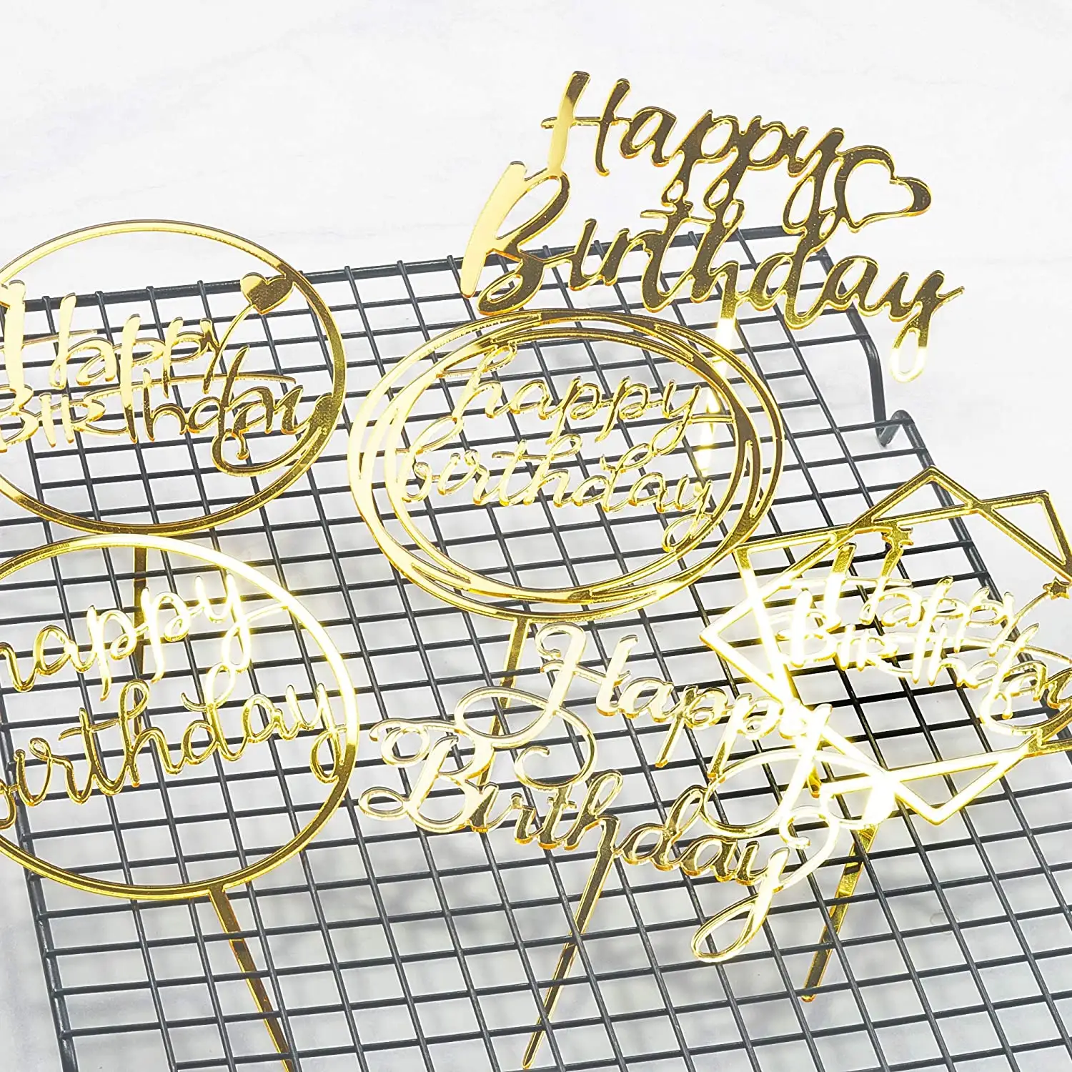 Gold Glitter Custom Personalized Happy Birthday Wedding Signs Plastic Sticks Picks Acrylic Cake Topper