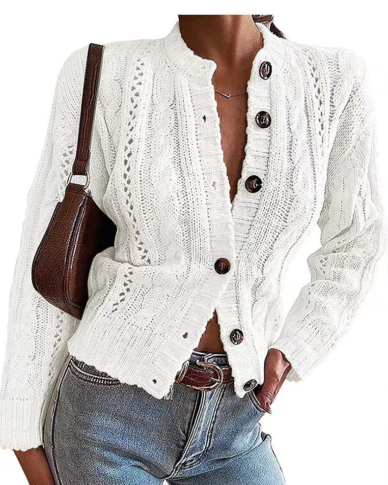 Fashion Style Woman Autumn Winter Twist Rope Hemp Button Cardigan Sweater Lady Clothing