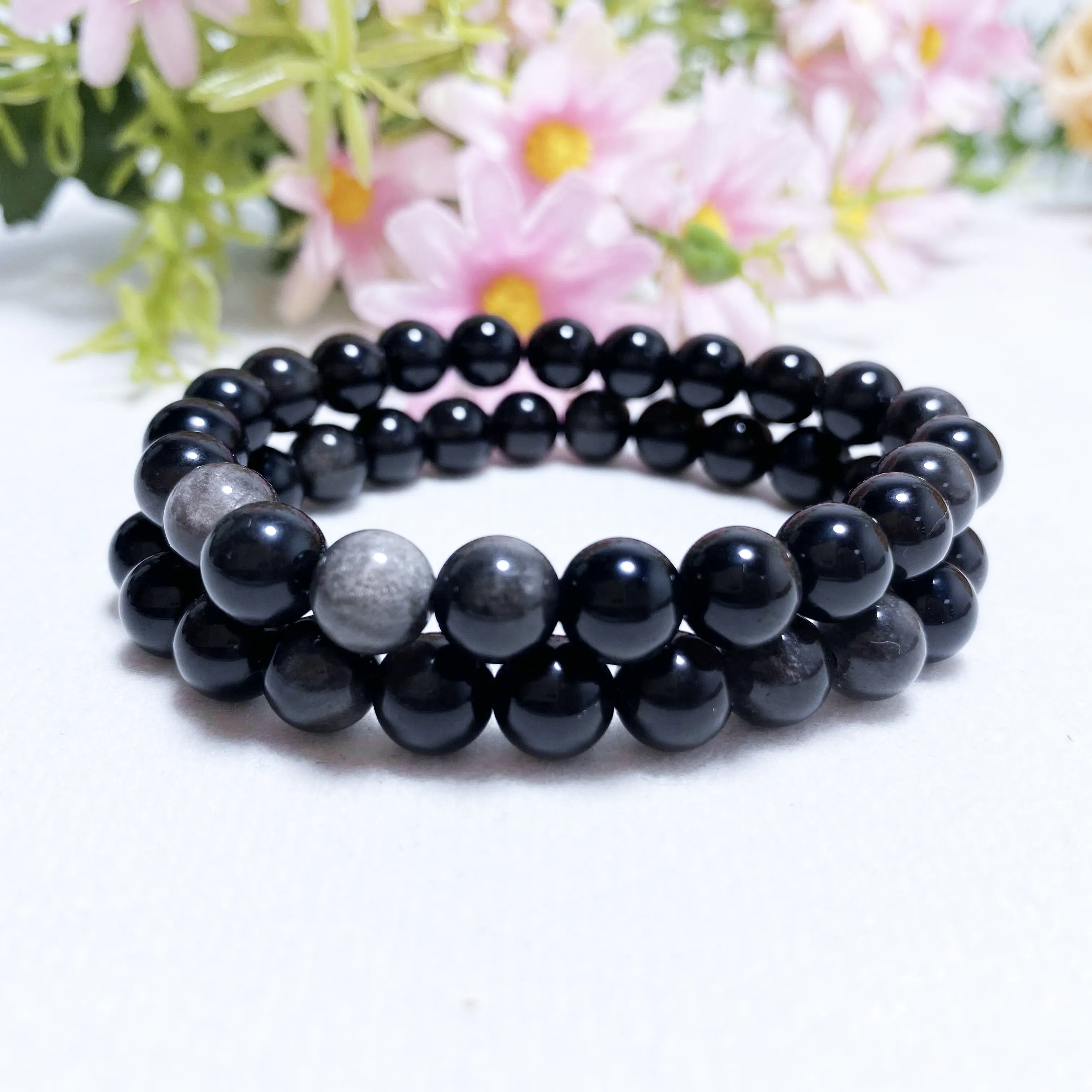 Precious Real Lucky Healing Natural 8mm Sliver Obsidian Crystal Stretch Stone Bead Bracelets For Women And Men