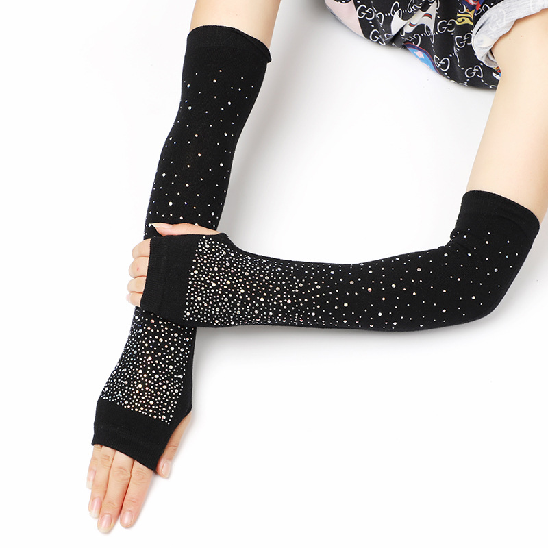 Women Custom Crystal Gloves Long Arm Sleeves Protection Half Finger Rhinestones Gloves