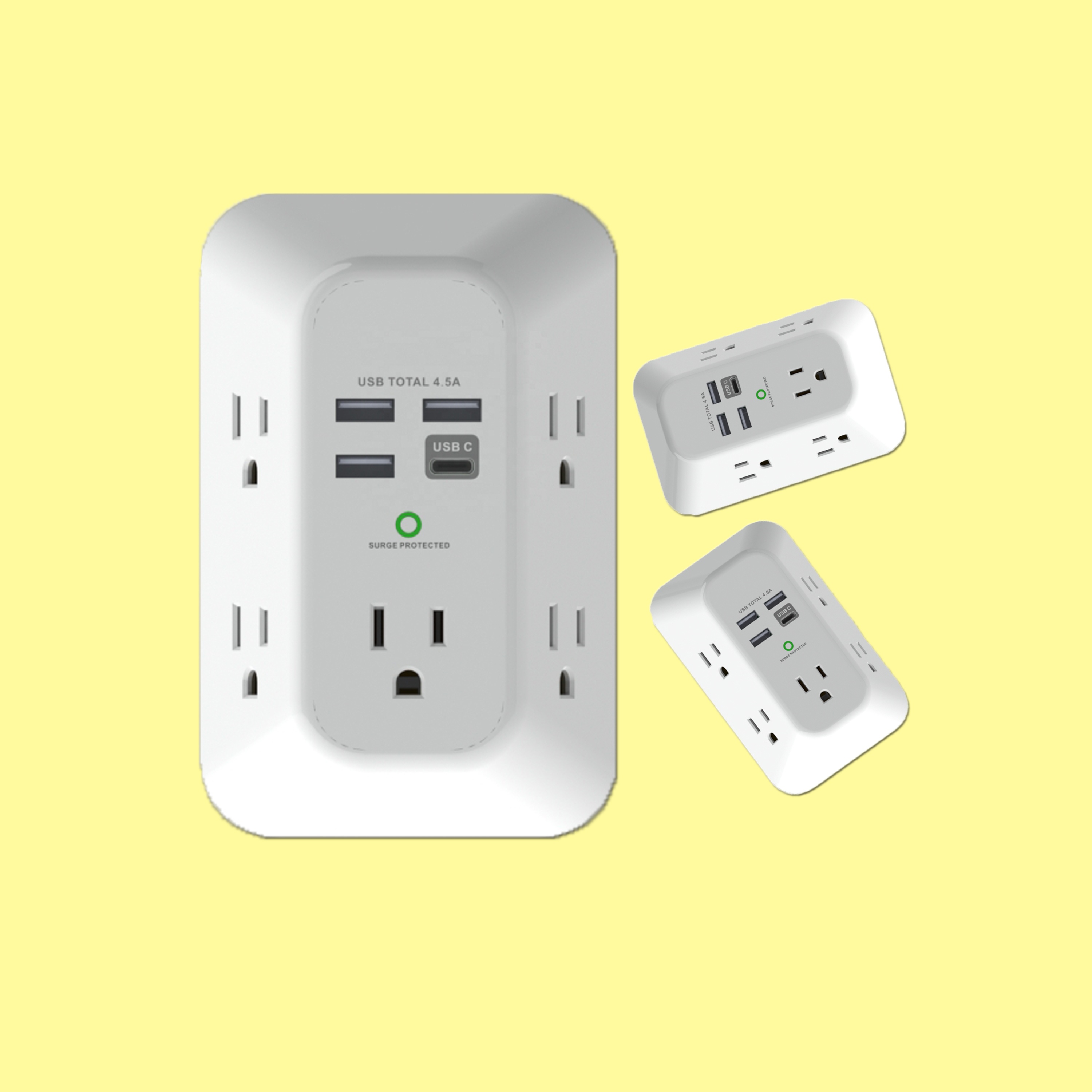 US 5-Outlet Wall Mount Surge Protector 1800 Joules with 4.5 AMP USB Charging Ports, 4 USB power strip