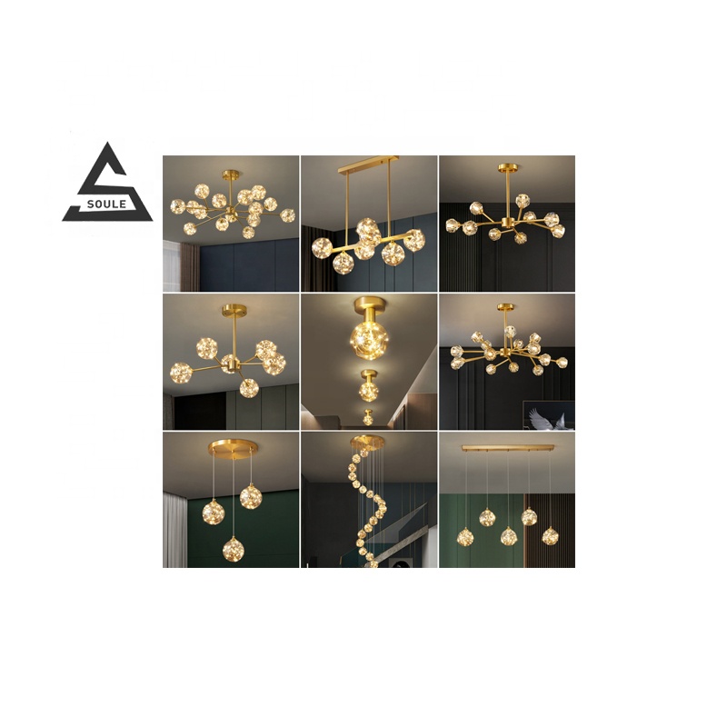 2021 hot-selling light luxury crystal living room chandelier full copper modern minimalist starry sky led molecular lamp