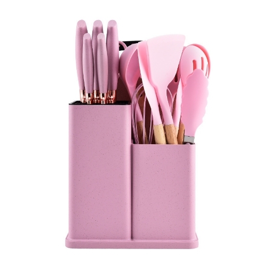 Y39 Custom 19 pcs set of silica gel kitchen utensil set with wooden handle and cuttings board storage bucket kitchen gadget set