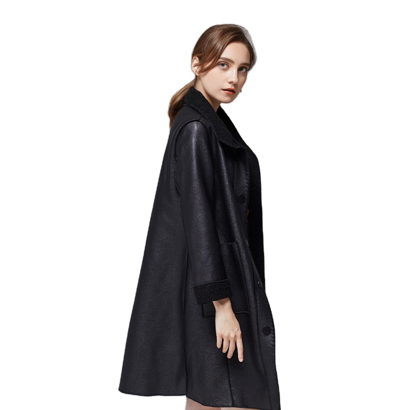 Winter Fashion Women's Warm Single Breasted PU Leather Long Jacket Slim Female Black Faux Leather Outwear Leather Jacket