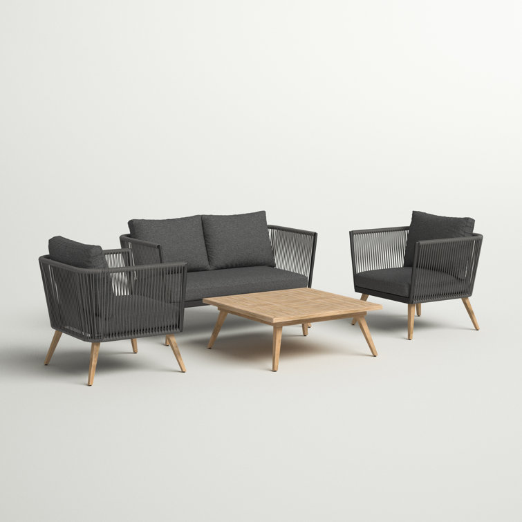 AJUNION Modern Outdoor Furniture Aluminum Frame Wood Grain Lounge Sofa Rattan Woven Sofa Set Furniture