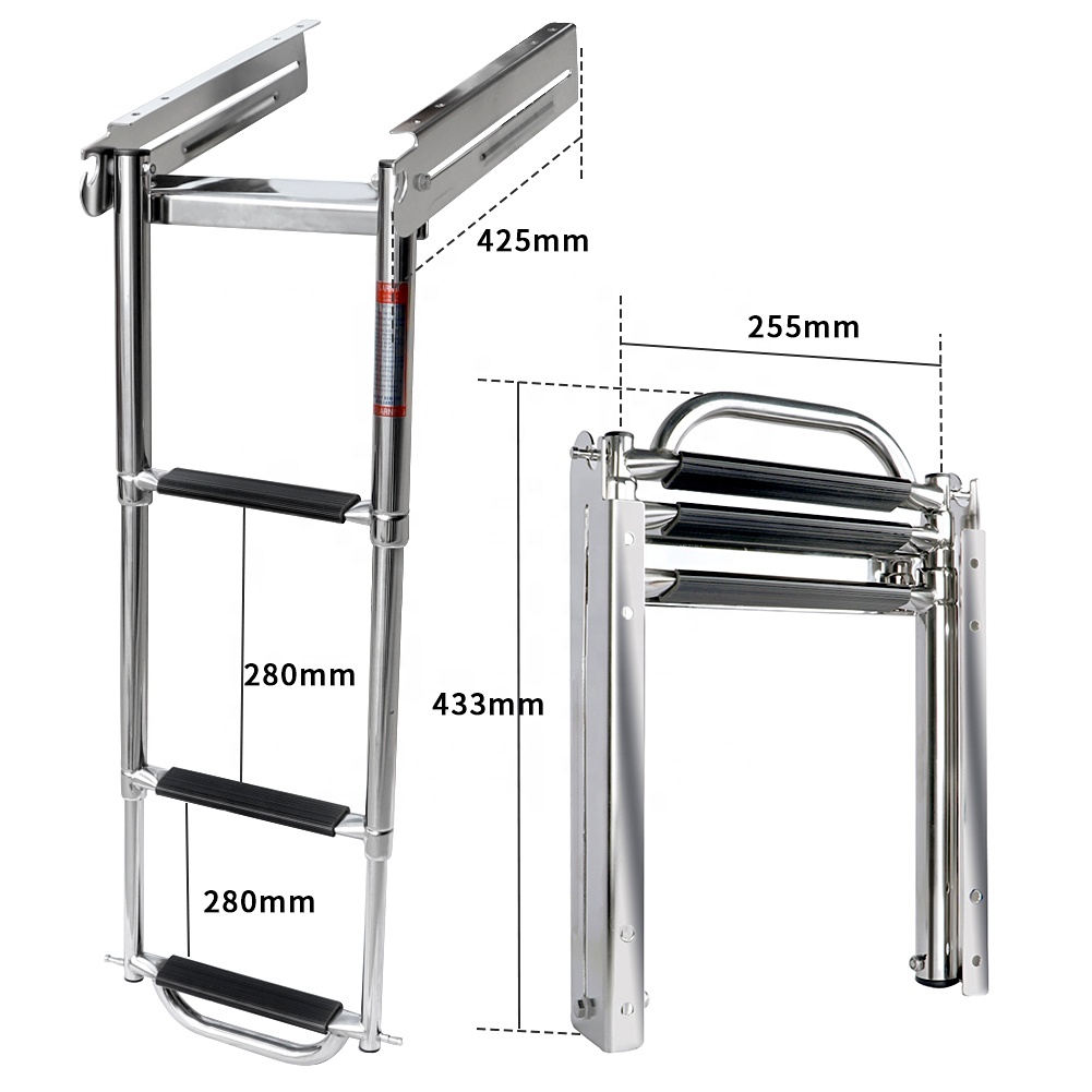3 Wide Step Boat Ladder Stainless Steel Adjustable Boarding Ladder with Hooklock and Handrails