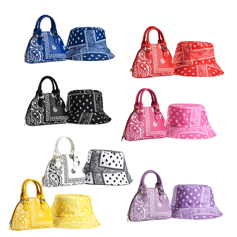 New Trendy Cashew Flower Shell Purse and Hat for Women Female Print Shell Lady Blue Paisley Bandana Purse and Bucket Hat Set