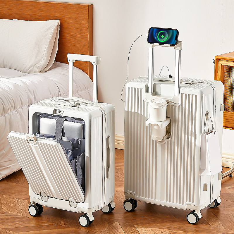 New Design Multifunction Front Opening Cover Luggage Carry-On Travel Suitcase Luggage With USB Charger And Cup Holder