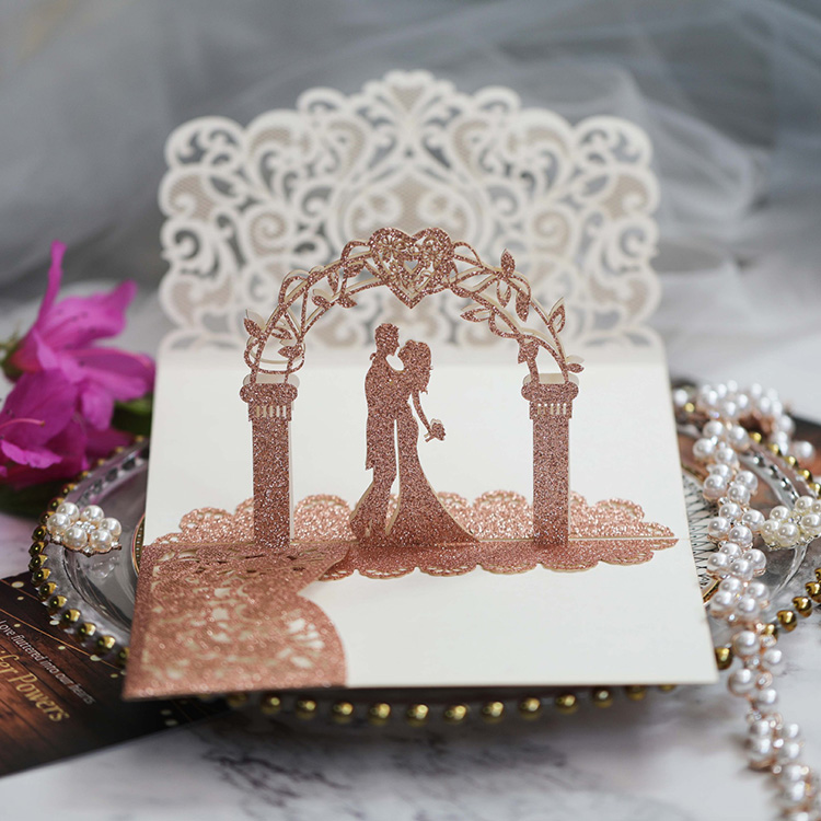Aegean Gift Wholesale Pop Up Glitter Rose Gold Thank You Laser Cut Invitation Card 3d Wedding Card